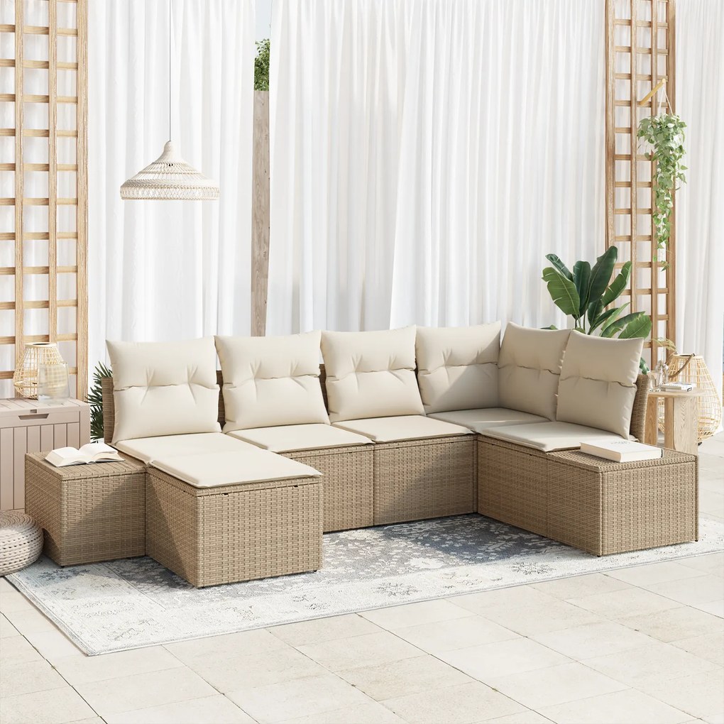vidaXL Conjunto de Sofá de Jardim 6 Peças com Almofadas Bege Vime Poliéster