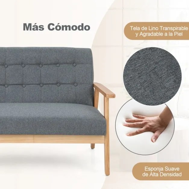 Sofá de sala moderna com 2 lugares 72 x 114 x 77 cm, estofada em tecido de linho respirável, estrutura em madeira e espuma de borracha, cinzento