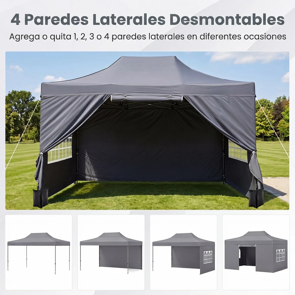 Tenda dobrável 431 x 291 cm, pop-up com 4 paredes amovíveis, altura ajustável, 4 x Sacos de areia, saco de transporte, rodas, impermeável, para pátio,