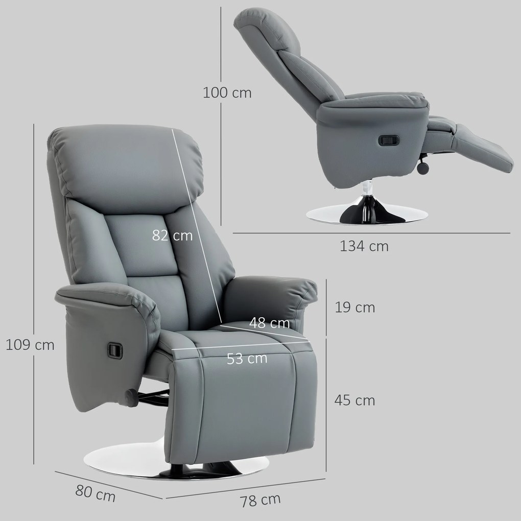Poltrona de relaxamento reclinável e giratória com apoio para os pés ajustável, até 120 kg, para sala de estar, quarto, cinema em casa, cinzenta