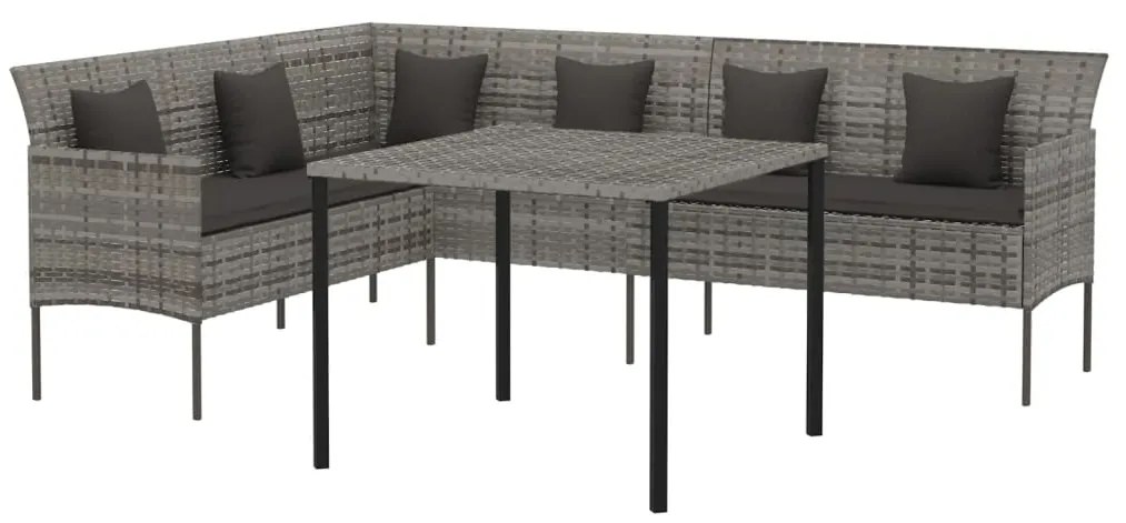 2 pcs conjunto de jantar p/ jardim c/ almofadões vime PE cinza