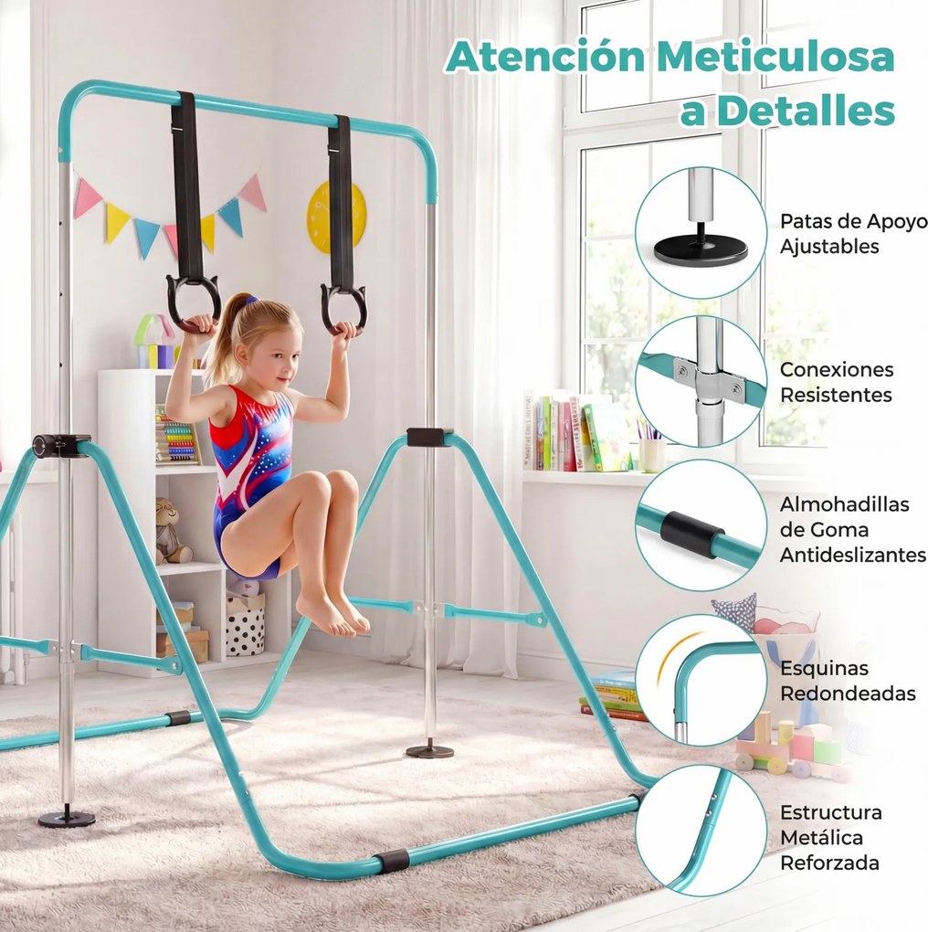 Barra de Ginástica para Crianças, 111,5 x 144,5 x 132 cm, Ajustável em 4 Níveis de Altura, Azul