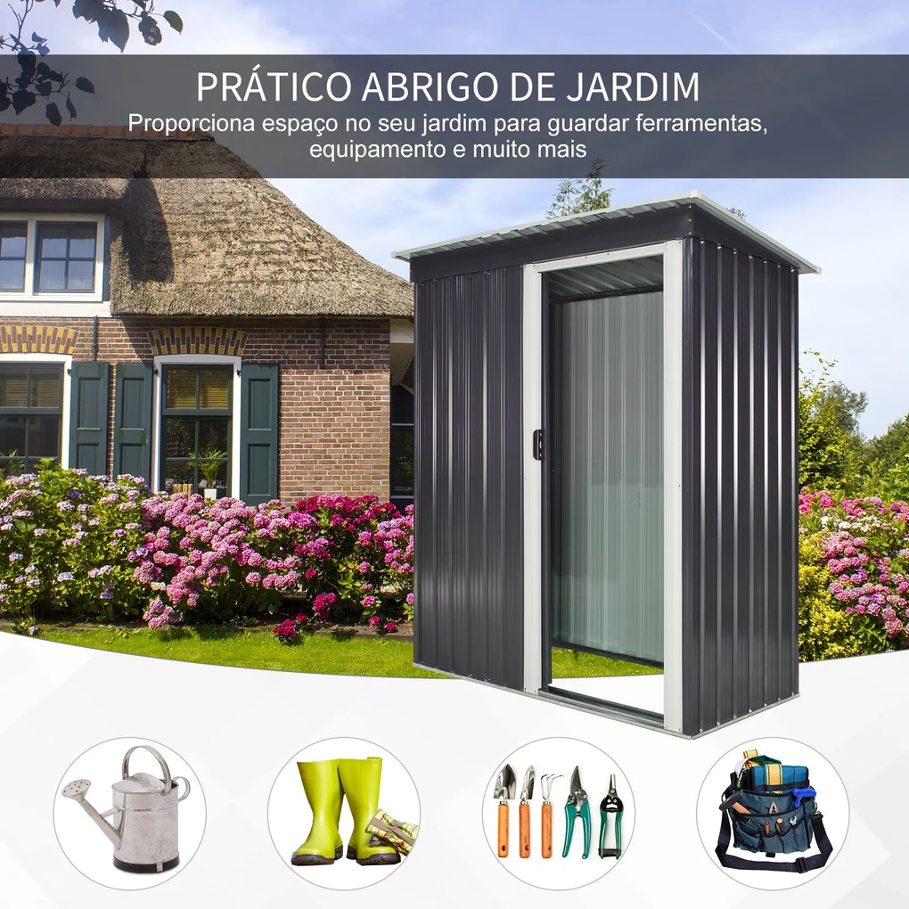 Abrigo de Jardim Exterior 1,5 m² 163x89x182 cm Abrigo Metálico para Ferramentas com Porta de Correr e Teto Inclinado Preto