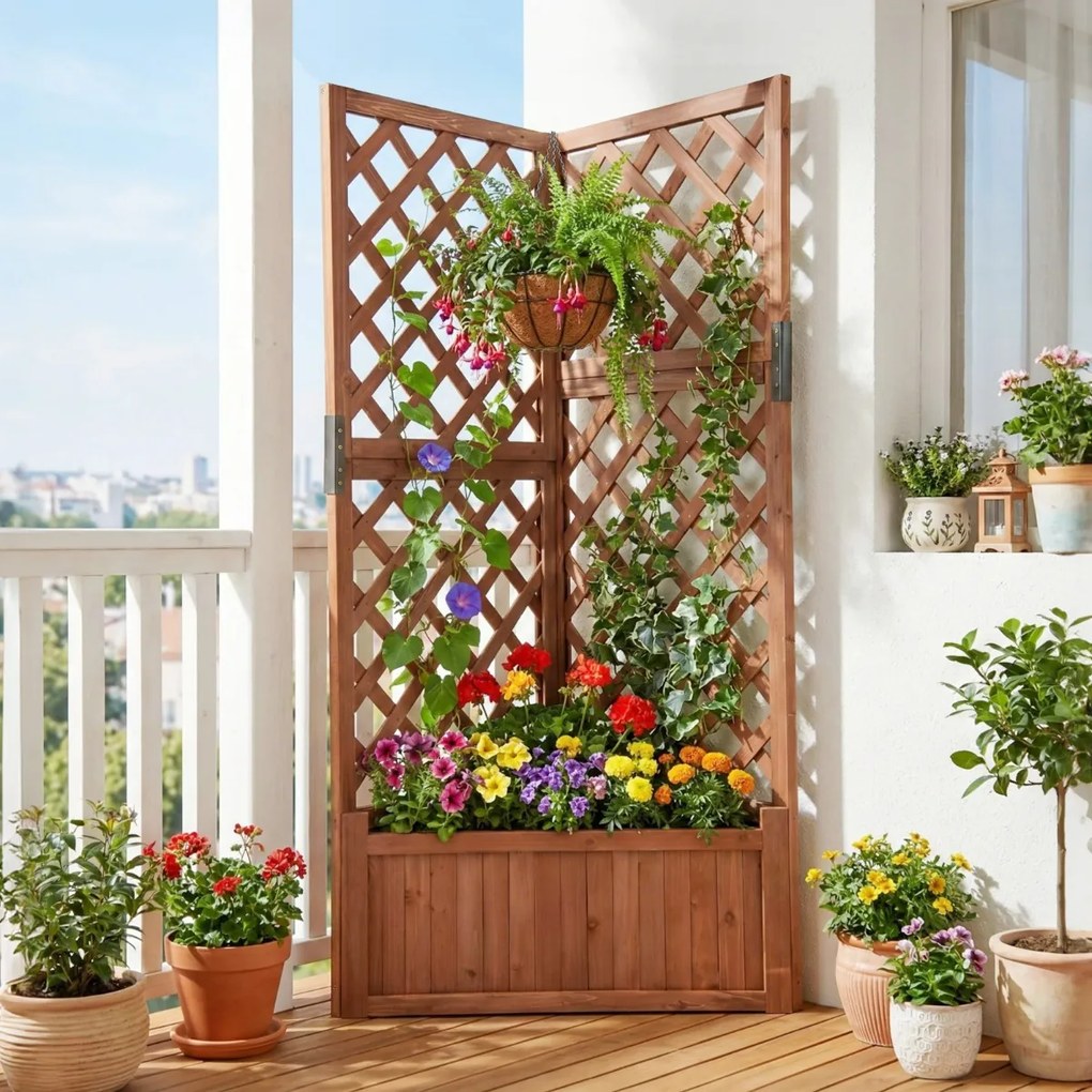 Floreira de jardim 55 x 55 x 140 cm elevada de canto com treliça para trepar com orifícios de drenagem para plantas Castanha