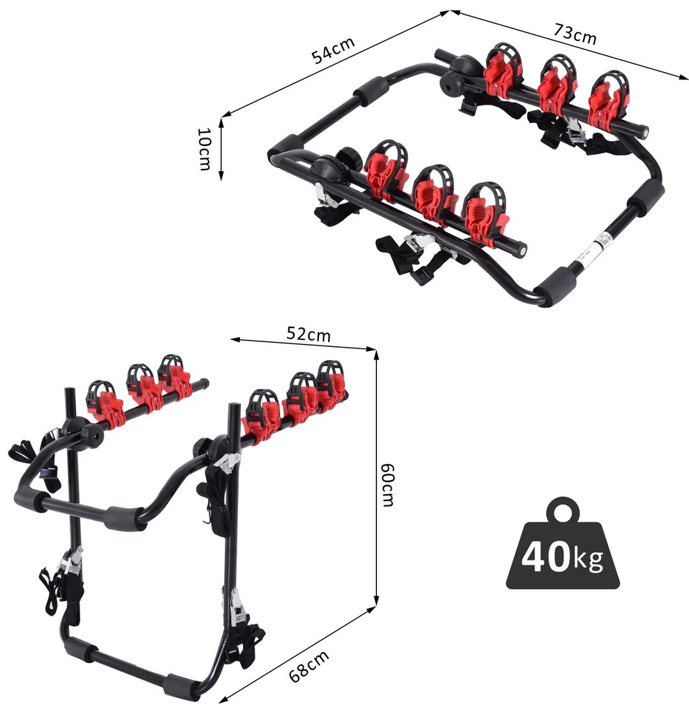 HOMCOM Suporte para Bicicletas Traseiro Dobrável com Correias Até 3 Bicicletas Suporte de Bicicleta Universal Carga 40 kg 68x52x60 cm Aço e Alumínio