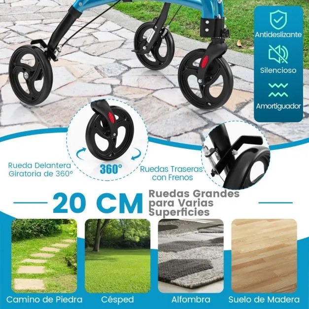Andador para idosos com estrutura em alumínio leve, rodas grandes de 20 cm, altura ajustável e bolsa de armazenamento Azul