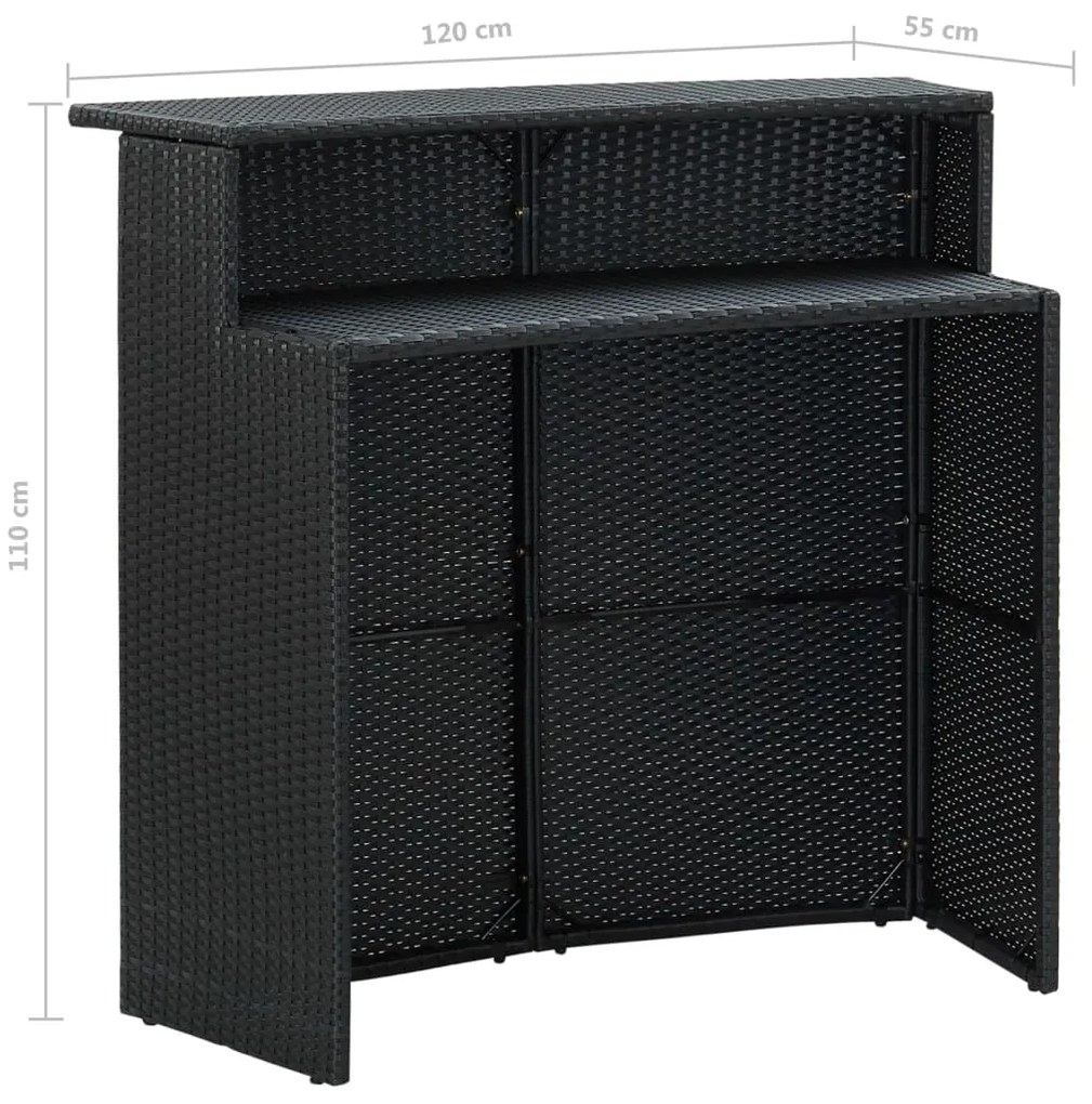 3 pcs conjunto de bar para jardim com almofadões vime PE preto