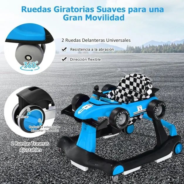 Andarilho dobrável com altura ajustável em 3 níveis, rodas com velocidade regulável e almofada removível para bebés de 6 a 18 meses Azul