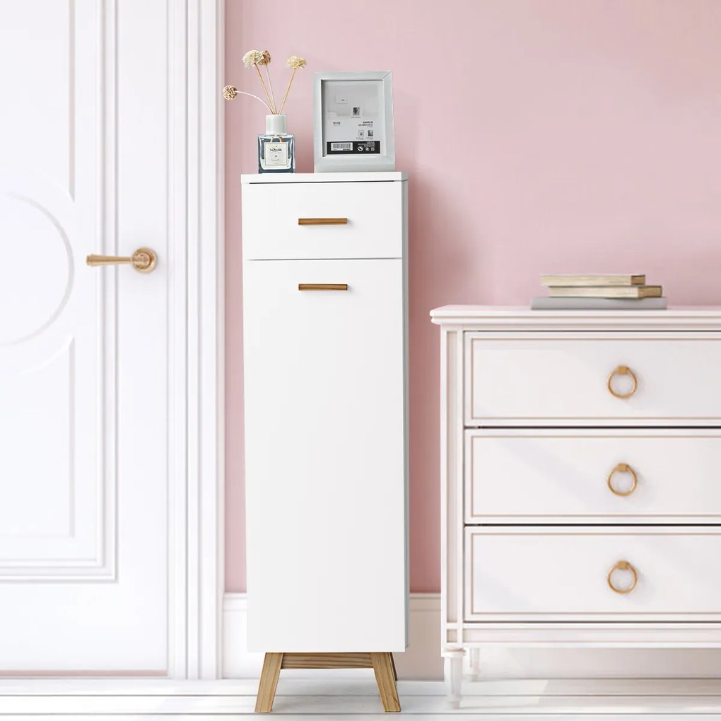 Armário de Banheiro Organizador Vertical com 1 Gaveta 3 Prateleiras Ajustáveis para Corredor da Sala de Estar Quarto 30 x 30 x 102 cm Branco