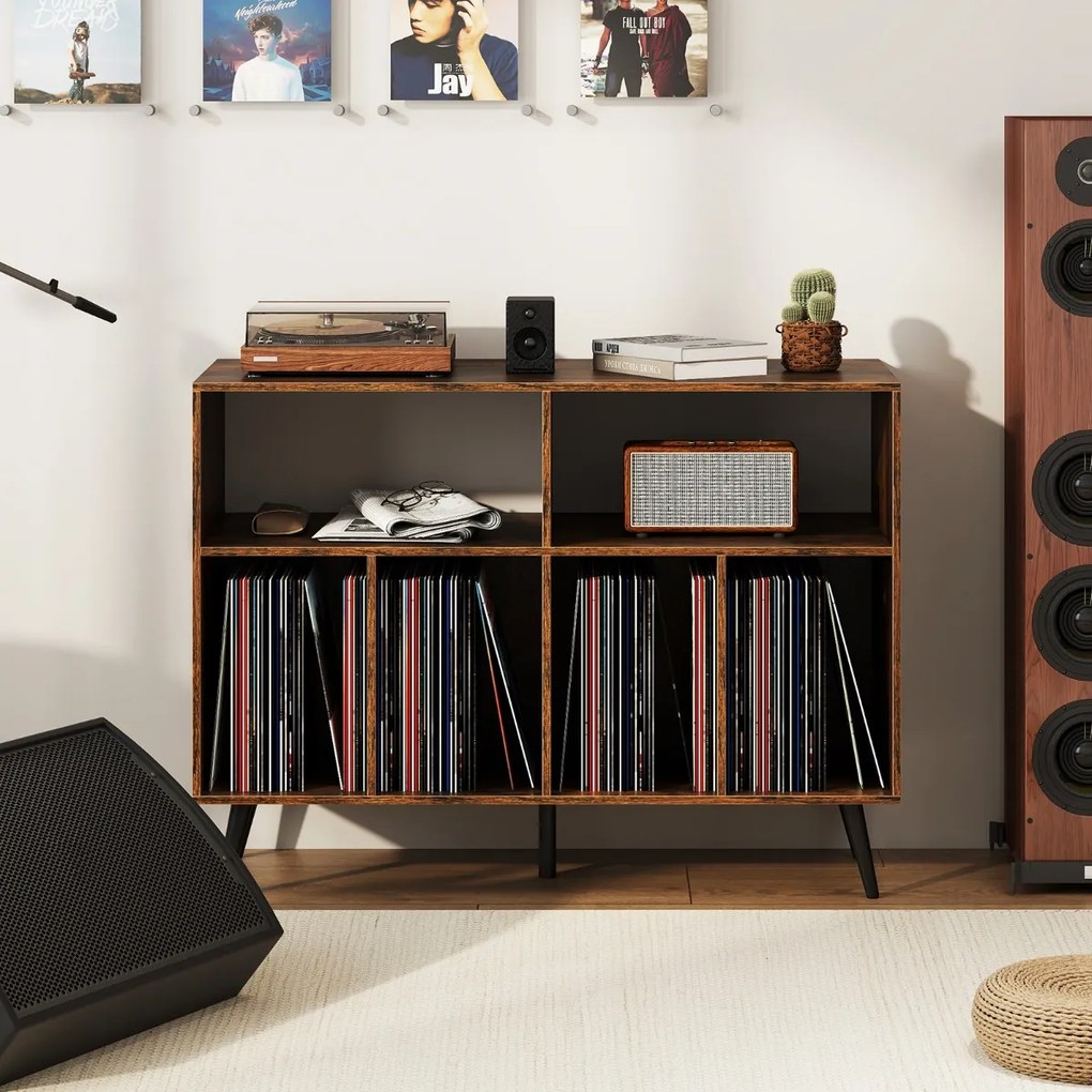 Suporte para gira-discos e discos vinil com 2 prateleiras abertas e 4 compartimentos para sala de estar ou quarto 100 x 40 x 74,5 cm Castanho e preto