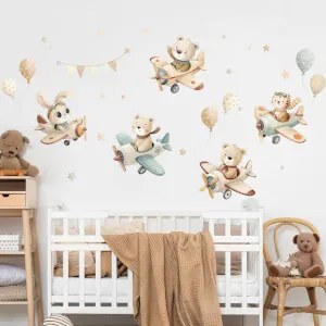 Autocolante parede infantil - Animais em aviões