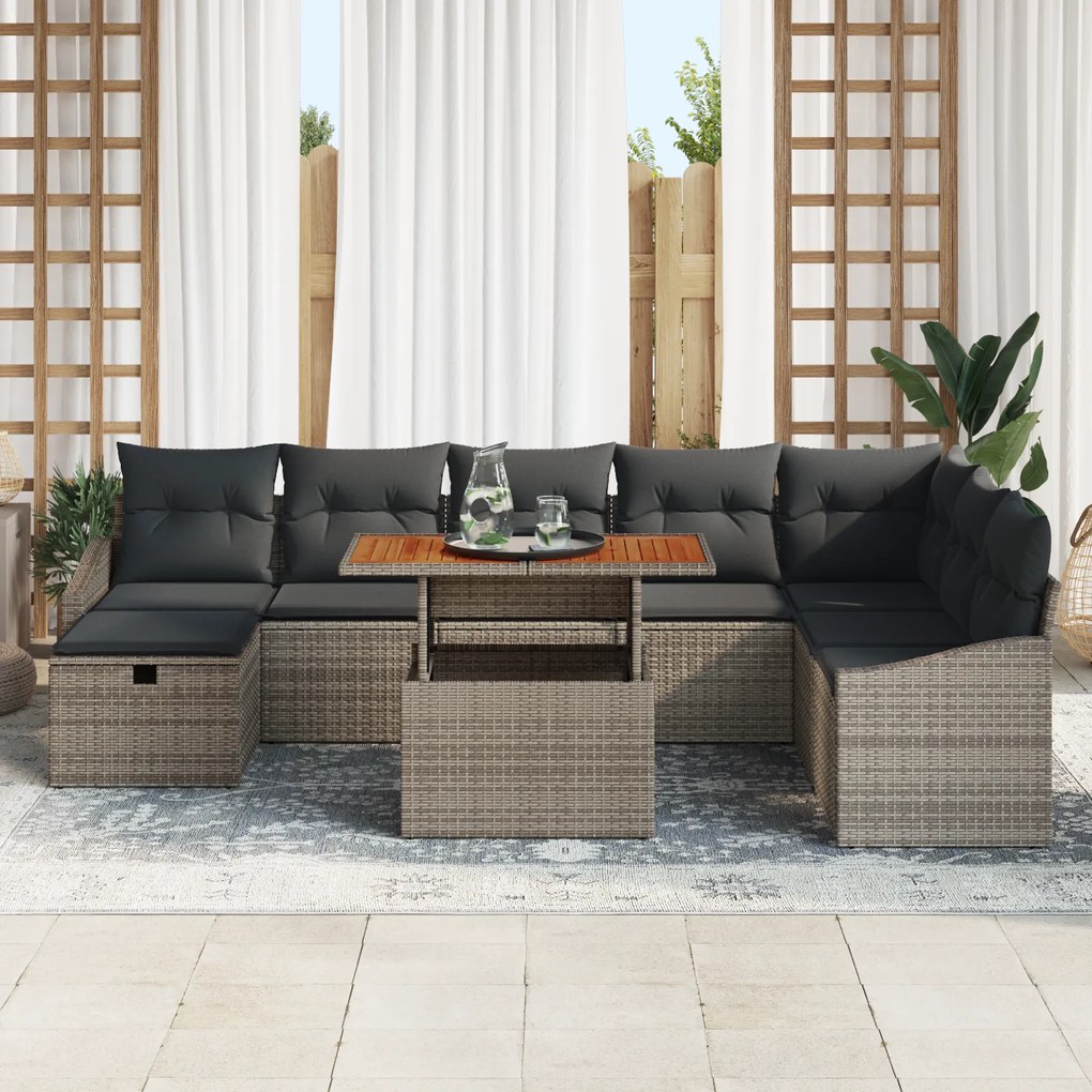 Conjunto de Sofás de Jardim com 9 Peças e Almofadas Cinza de Rattan Si