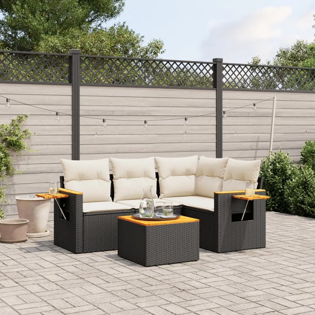 5 pcs conjunto sofás de jardim com almofadões vime PE preto