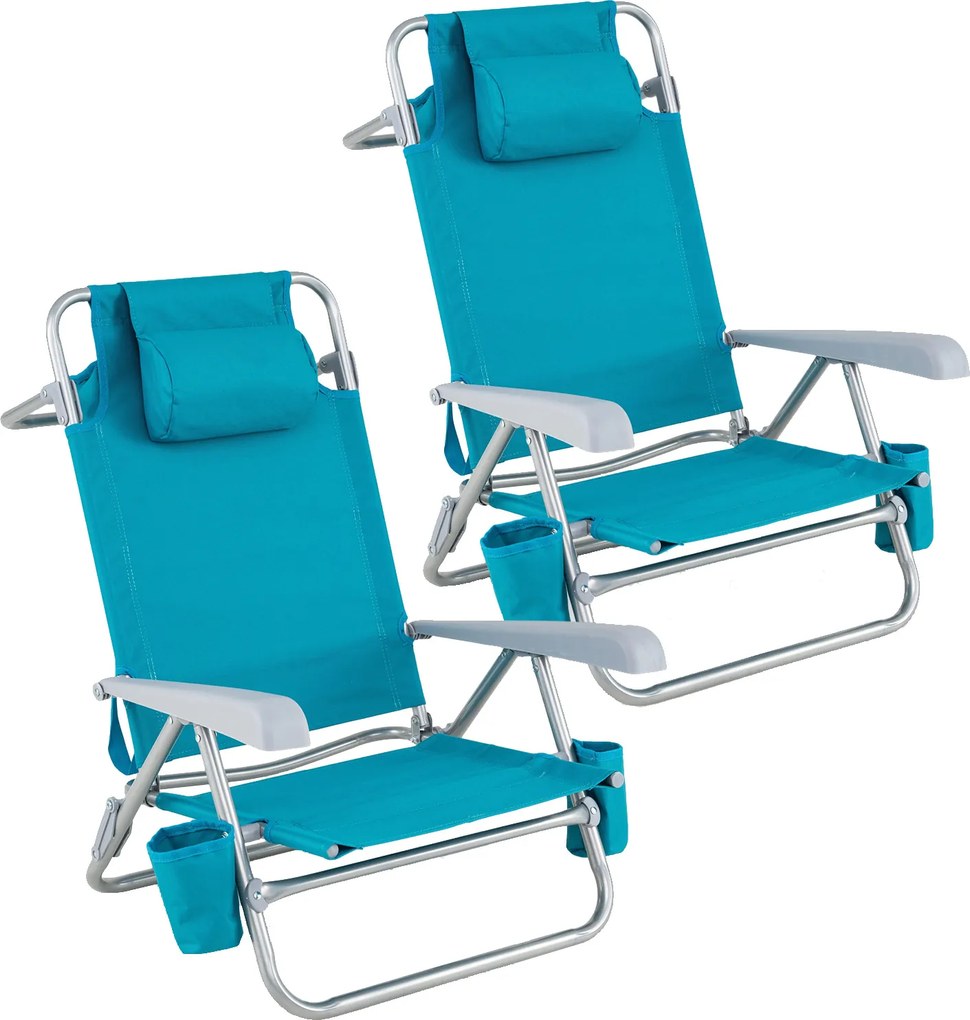 Conjunto de 2 Cadeiras de Praia, 69 x 60 x 79 cm, Encosto Regulável em 7 Posições, Turquesa