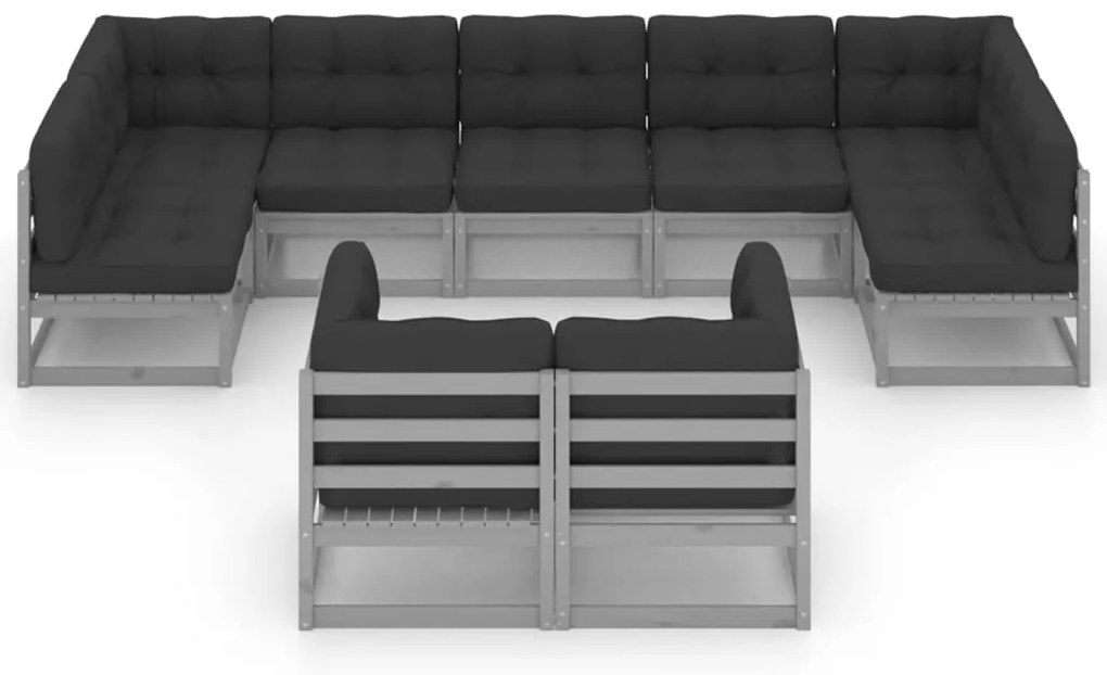 9pcs conjunto lounge de jardim c/ almofadões pinho maciço cinza