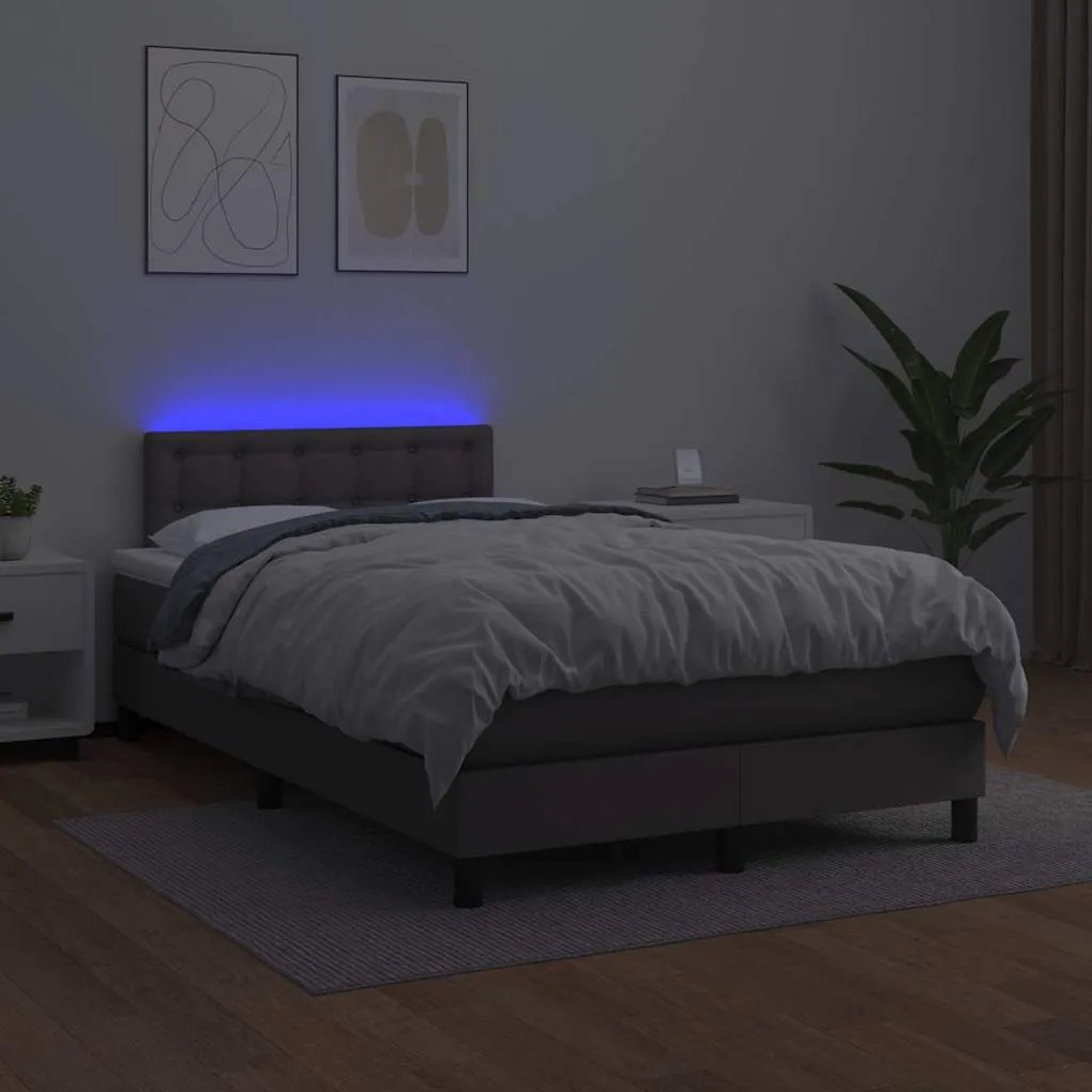 Cama box spring c/ colchão/LED 120x190cm couro artificial cinza