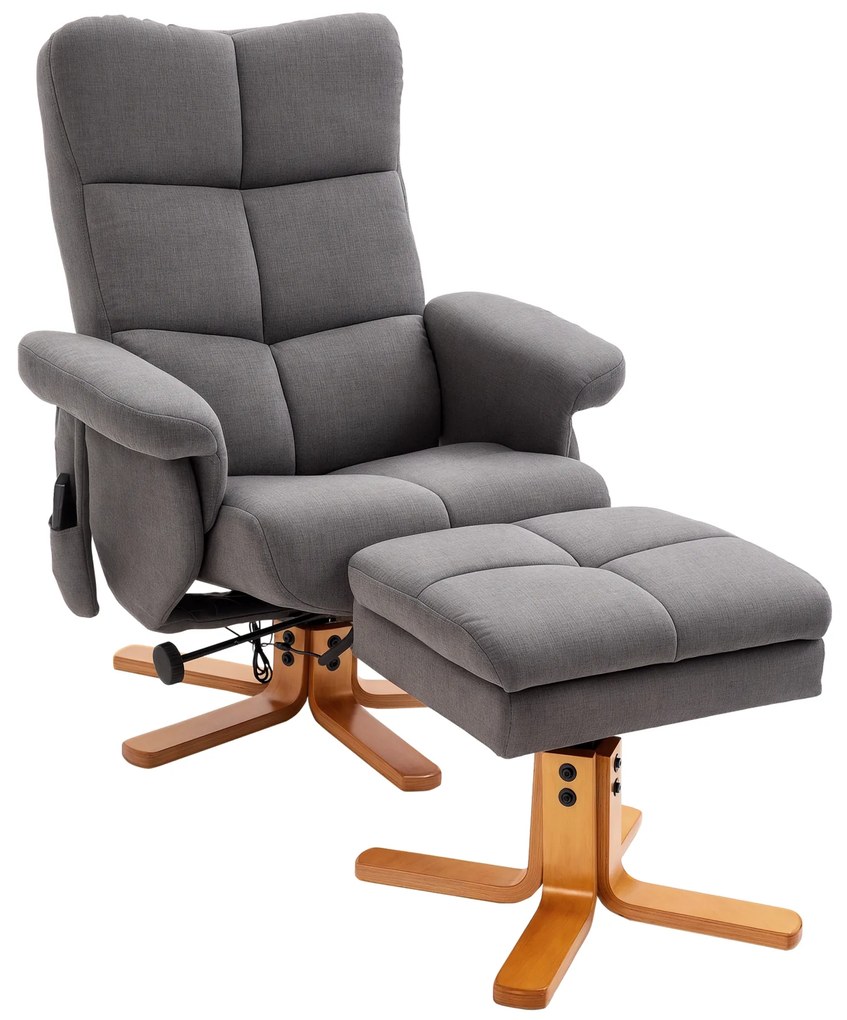 HOMCOM Cadeira relaxante com apoio para os pés, espaço de armazenamento, cadeira de massagem elétrica com função de deitar, cadeira de TV giratória com bolso lateral, controle remoto, estrutura de madeira, poliéster, Cinza escuro | Aosom Portugal