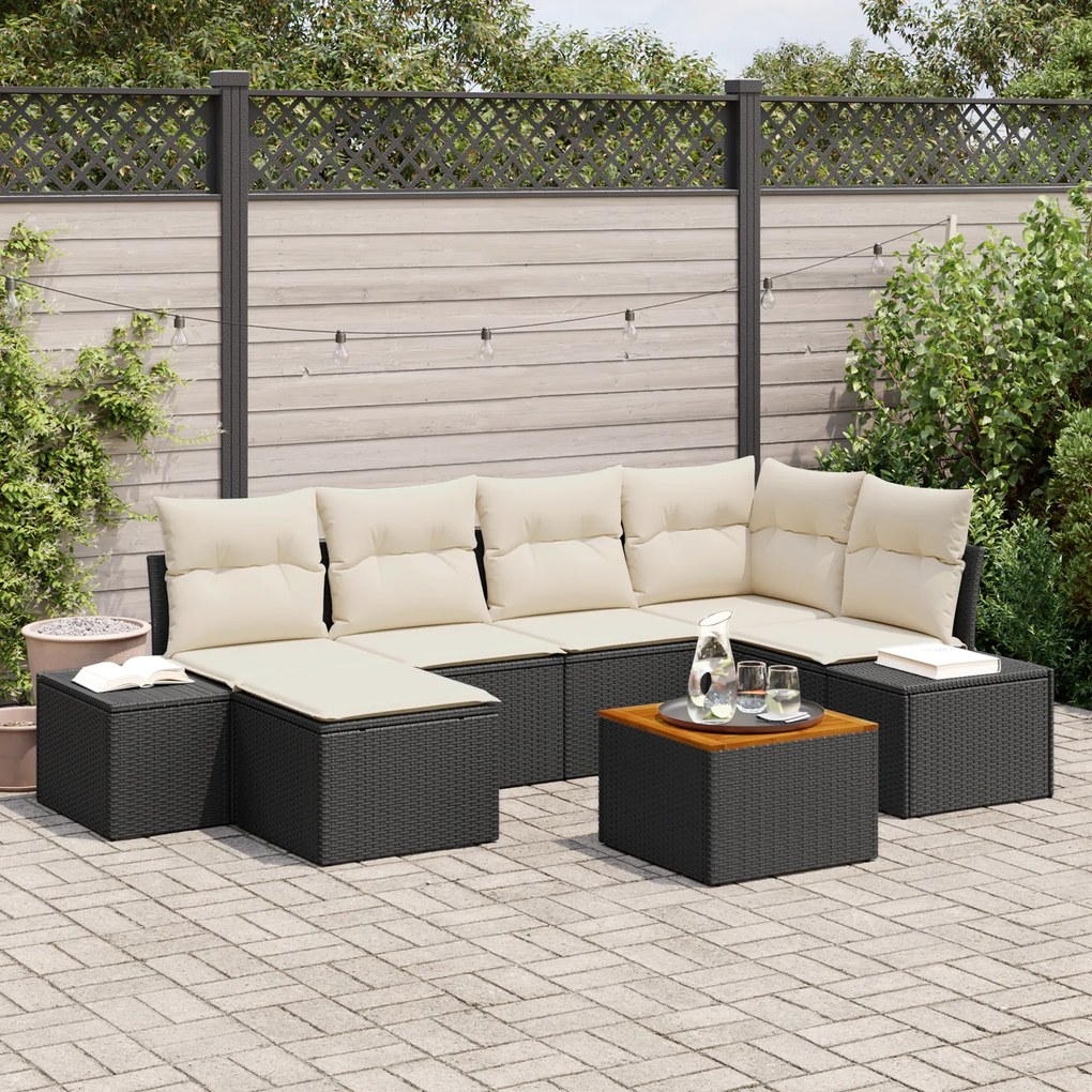 Conjunto de Sofá de Jardim de 7 Peças com Almofadas Preto Rattan Poli