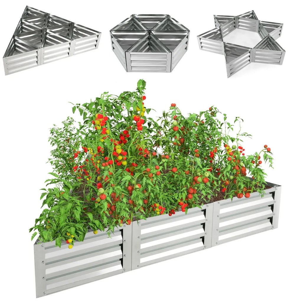 Canteiro de jardim elevado triangular galvanizado com luvas Kit de 6 caixas metálicas para legumes Flores Ervas 150 x 150 x 30 cm Prata