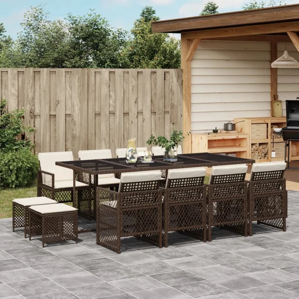 13 pcs conjunto jantar p/ jardim c/ almofadões vime PE castanho