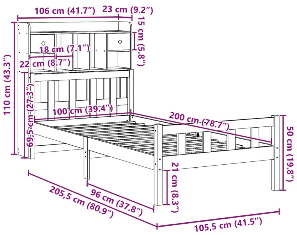 Cama com estante sem colchão 100x200 cm pinho maciço