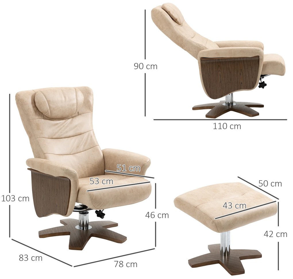HOMCOM Poltrona Relax com Apoio para os Pés Poltrona Reclinável até 135° e Giratória 360° com Encosto Ajustável para Sala de Estar Escritório 78x83x103cm Bege
