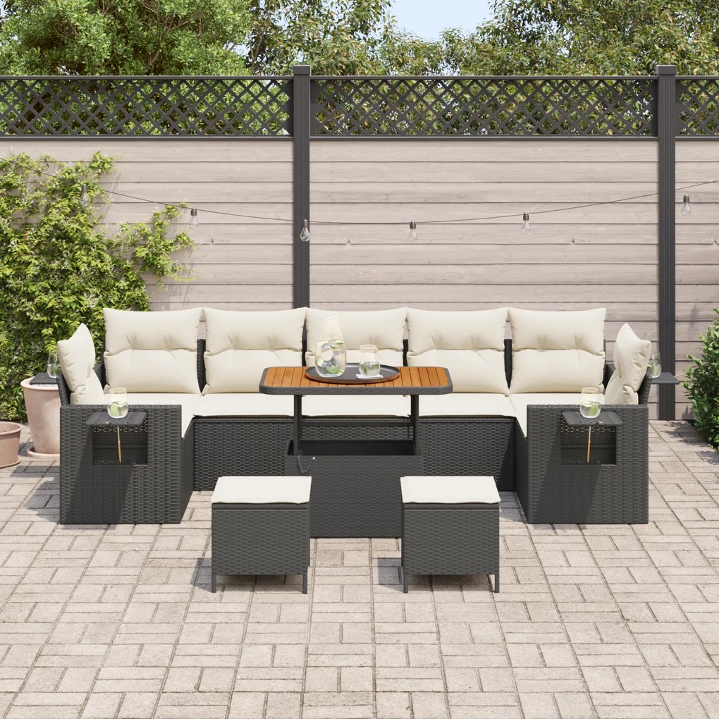 Conjunto de Sofá para Jardim vidaXL com Almofadas Preto Rattan Acácia,