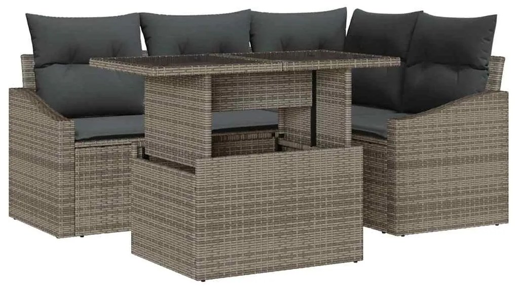 Conjunto de Sofá de Jardim de 5 Peças com Almofadas Cinzento Poliratan