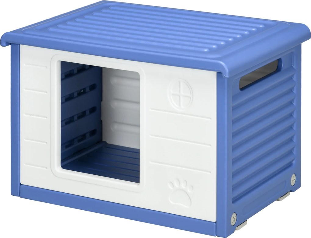 Casota de plástico para cães pequenos para exterior 60 x 42 x 40 cm, com aberturas de ventilação, azul e branca
