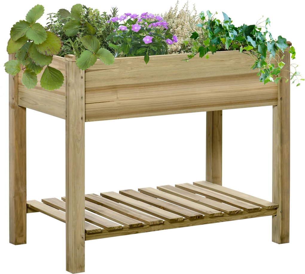 Outsunny Horta Vertical de Madeira com Prateleira 91x51x76cm Mesa de Cultivo Retangular com Orifícios de Drenagem Madeira Natural | Aosom Portugal