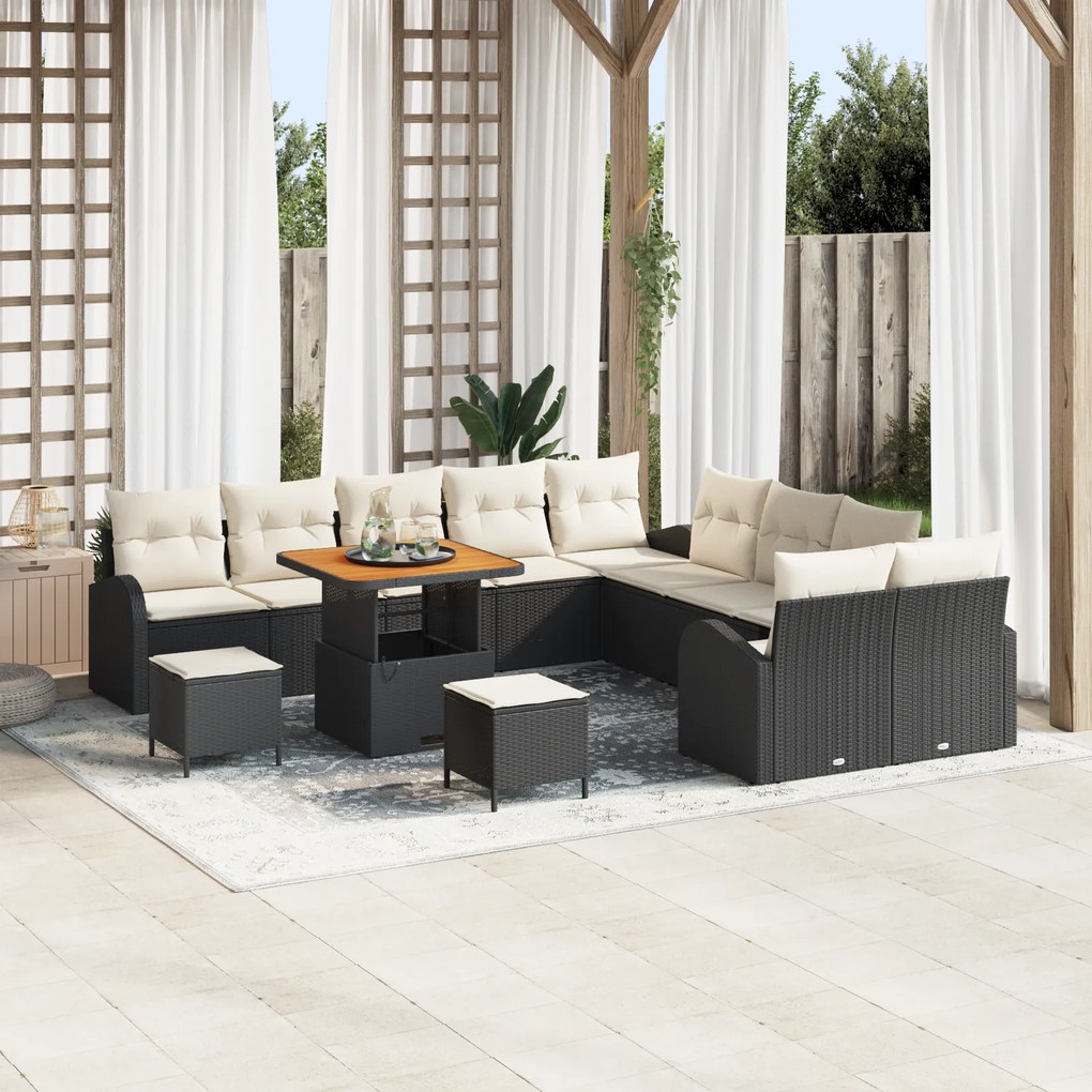 Conjunto de Sofá de Jardim vidaXL de 13 Peças com Almofadas Pretas em Vime Sintético de Acácia