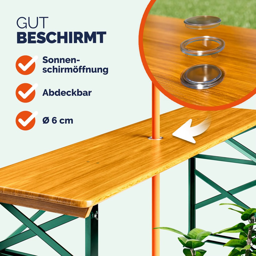 Mesa para jardim, campismo, tendas, piquenique (GUARDA SOL NÃO INCLUIDO) 170x50x75-105cm regulável em altura e dobravel Verde e Castanha