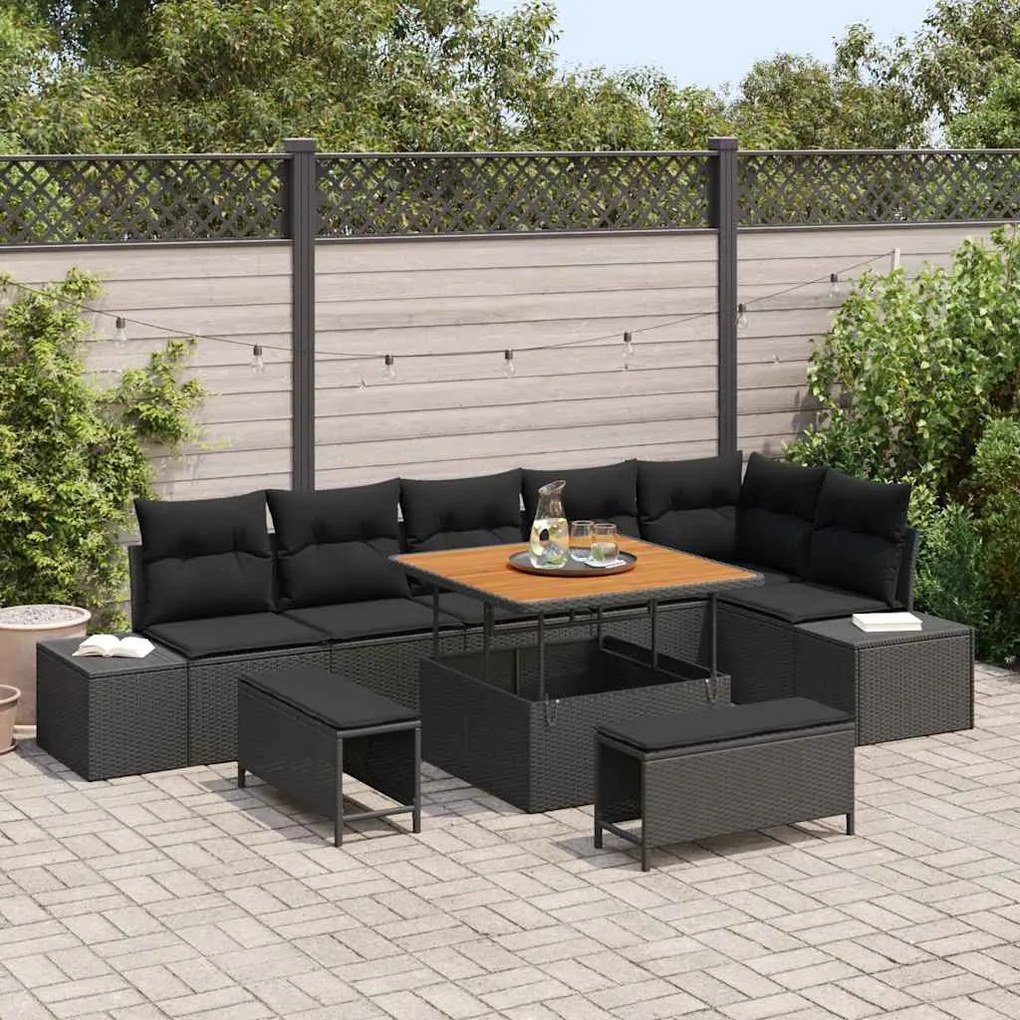 vidaXL Conjunto de Sofá de Jardim 9 pcs Preto Rattan Sintético