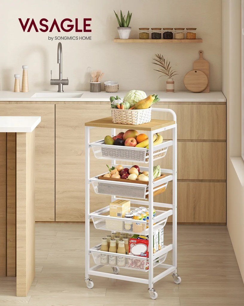 Carrinho de cozinha 31,7 x 40 x 95 cm com vários níveis e cestos extraíveis carvalho dourado-branco