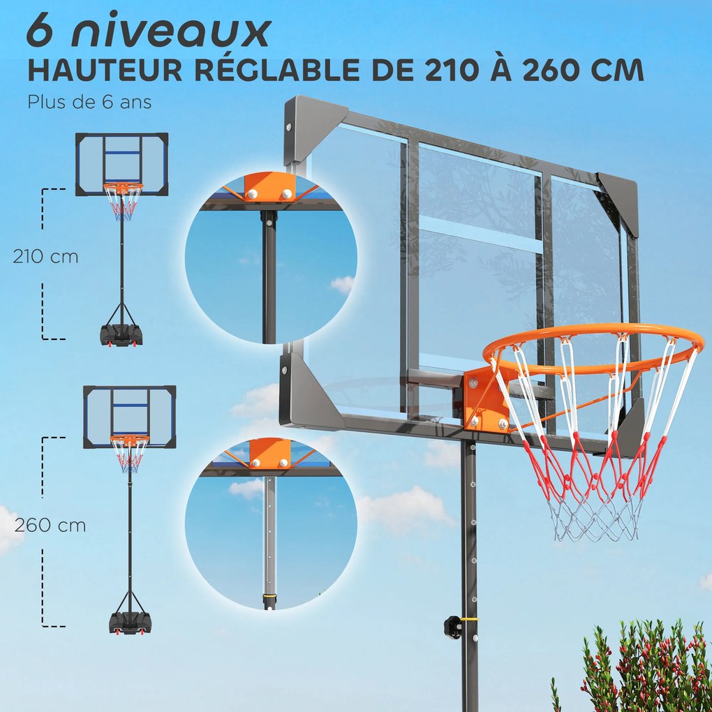 Cesto de basquetebol para crianças, altura ajustável entre 210 e 260 cm (exterior e interior), com rodas e base de lastro, azul e preto