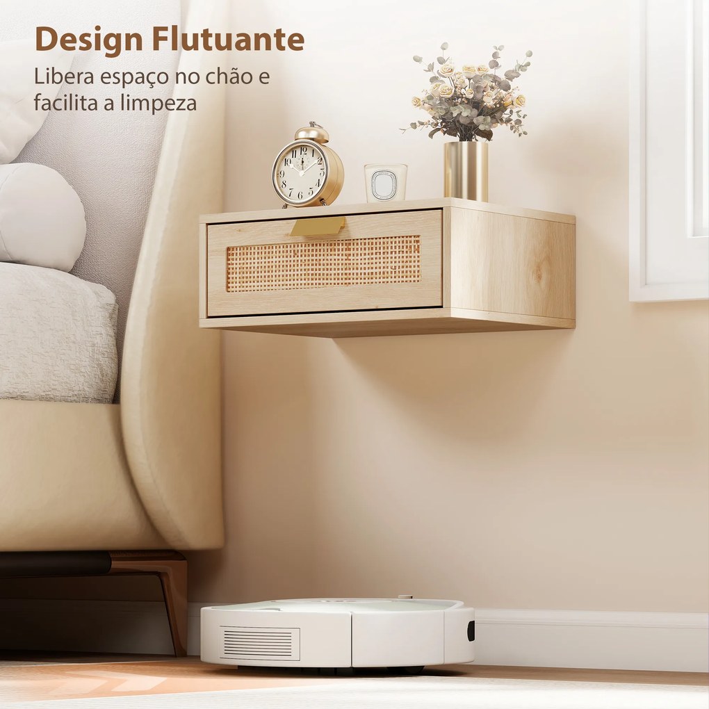 Conjunto de 2 Mesas de Cabeceira Flutuantes com Gaveta de Vime Poupa Espaço Design Moderno 40x30x15 cm Carvalho