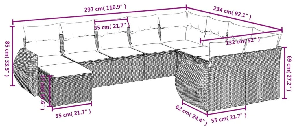 10 pcs conjunto sofás de jardim c/ almofadões vime PE preto