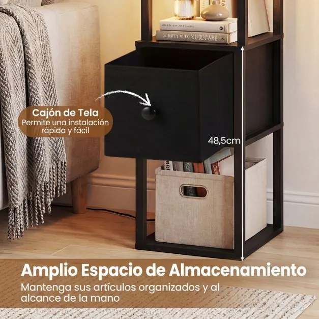 Candeeiro de pé moderno com prateleiras e gaveta Mesa auxiliar com brilho ajustável para sala de estar, quarto, escritório, casa Preto