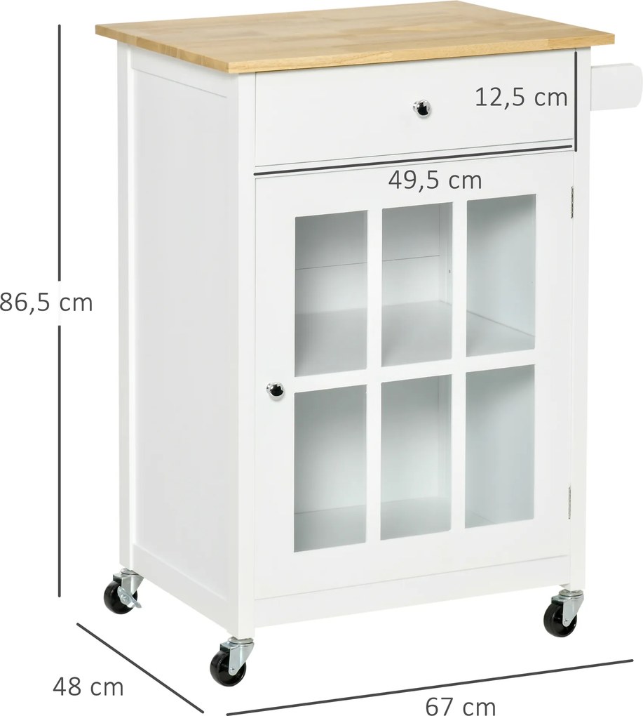 Carro de cozinha com rodas e vários compartimentos de arrumação - armário com porta de vidro e prateleira ajustável, gaveta e suporte para panos de co