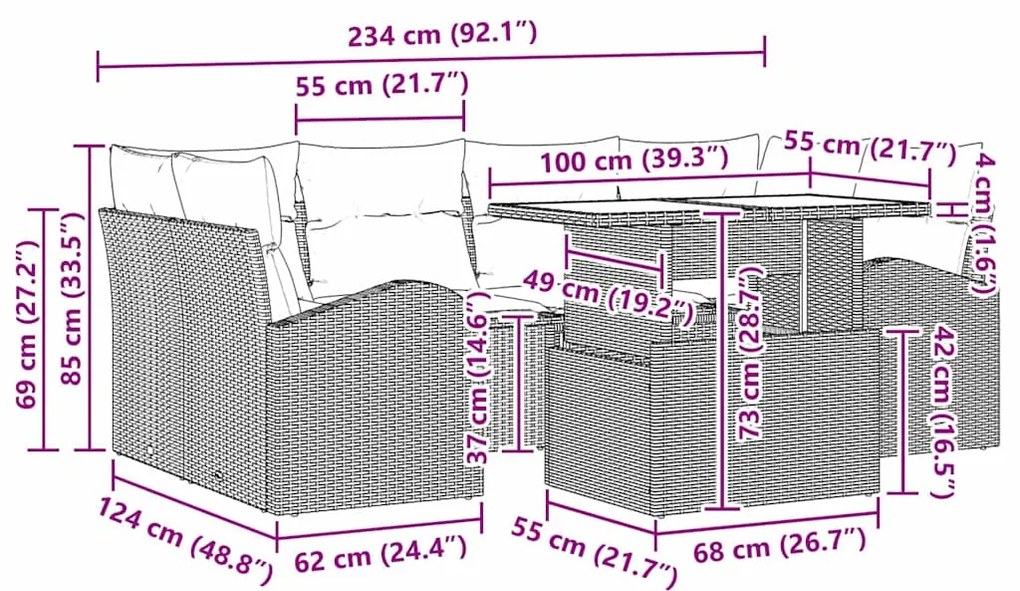 Conjunto de Sofá de Jardim de 7 Peças com Almofadas Beiges em Polyratt