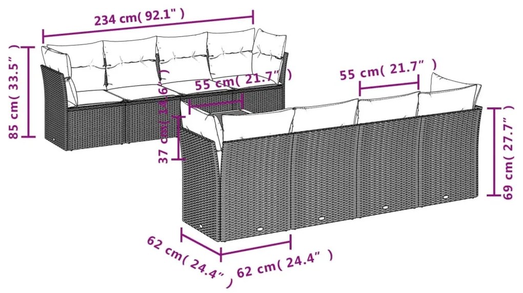 9 pcs conjunto sofás p/ jardim c/ almofadões vime PE cinzento