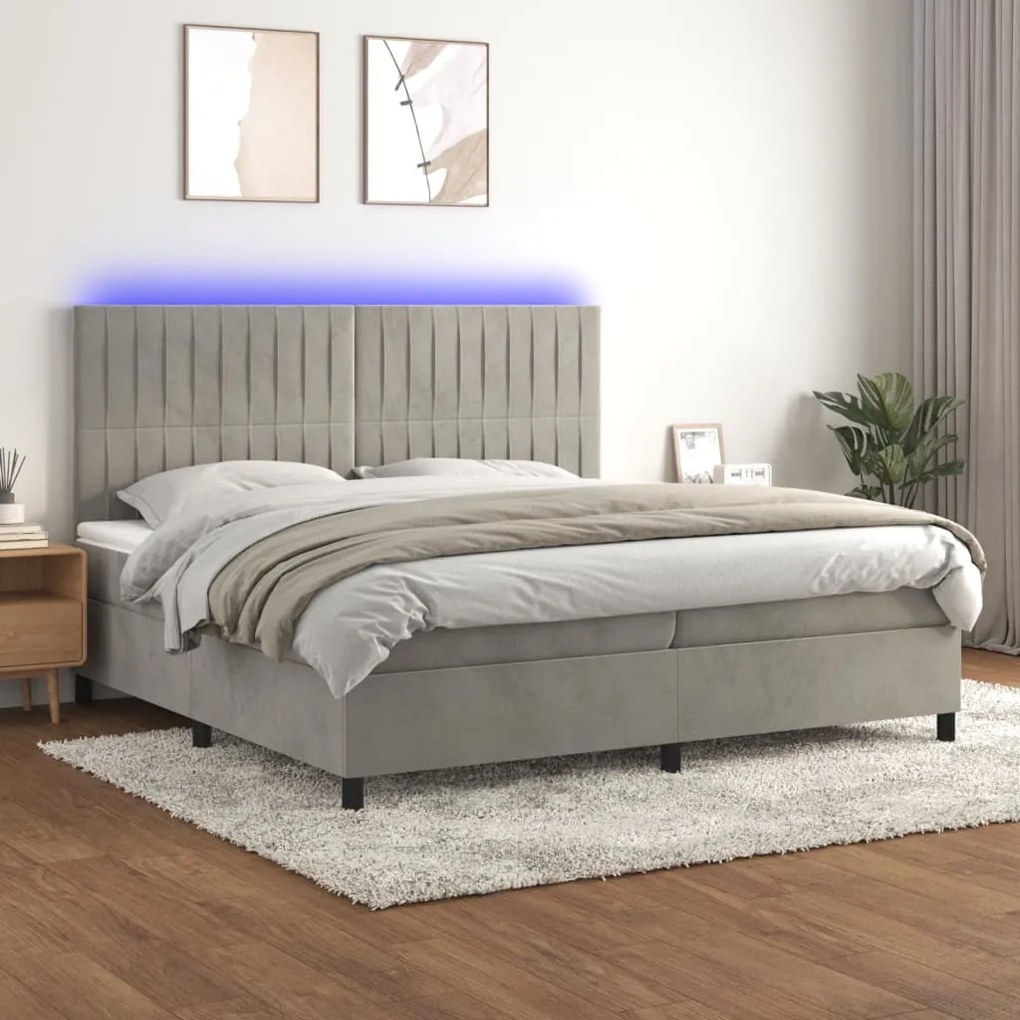 vidaXL Cama box spring c/ colchão/LED 200x200 cm veludo cinzento-claro