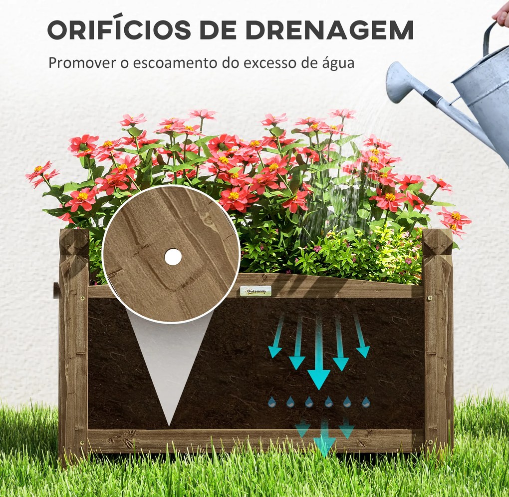 Floreira de Madeira Elevada para Cultivar Plantas Flores Ervas Floreira Retangular 60x39x37 cm Castanho Escuro