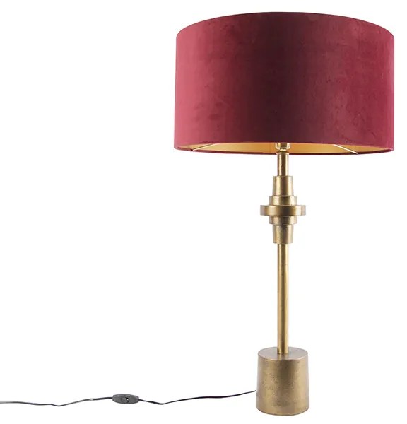 Candeeiro de mesa Art Deco bronze com abajur de veludo vermelho 50 cm - Diverso Art Deco
