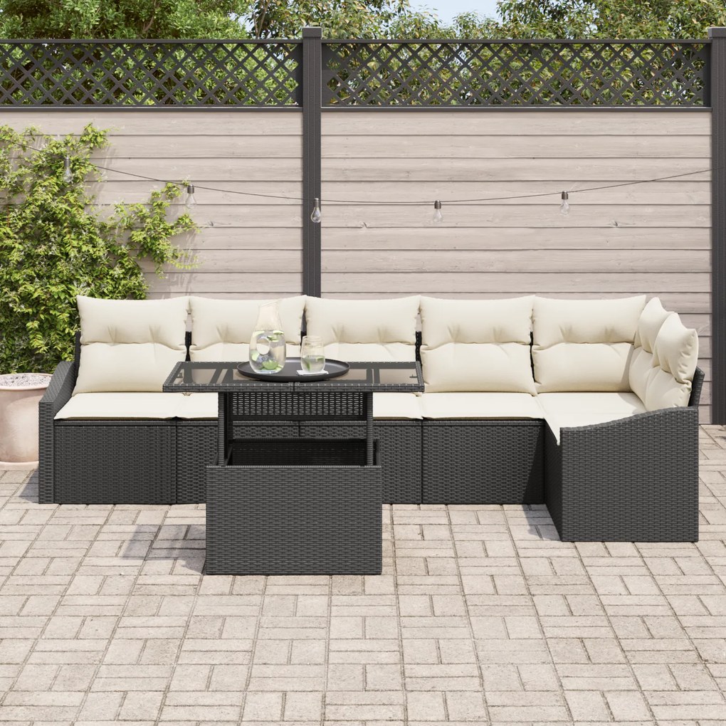 Conjunto de Sofá de Jardim de 7 Peças com Almofadas Preto Rattan
