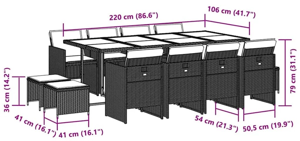 13 pcs conjunto de jantar p/jardim com almofadões vime PE preto