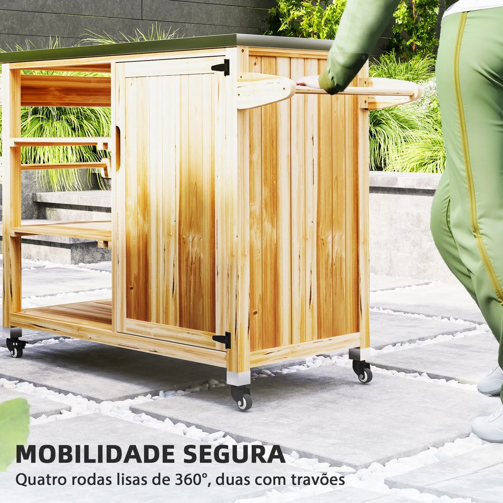 Carrinho de churrasco de Madeira Carrinho de Serviço com Prateleiras Armário Bancada de Aço Inoxidável 134,5x50x91,5 cm Madeira