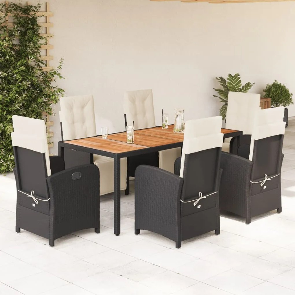 7 pcs conjunto de jantar p/ jardim c/ almofadões vime PE preto