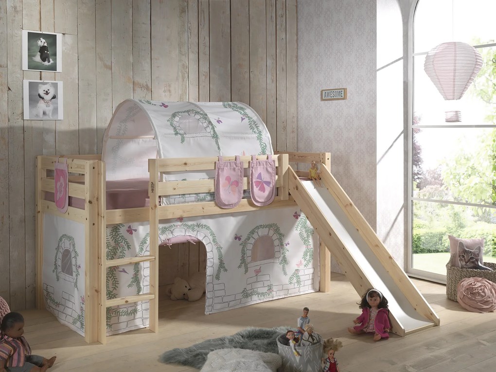 Conjunto Cama alta de Criança PINO 90 x 200 cm + estrado + escada + escorrega + cortina + túnel + bolsas de arrumação Pássaros Natural