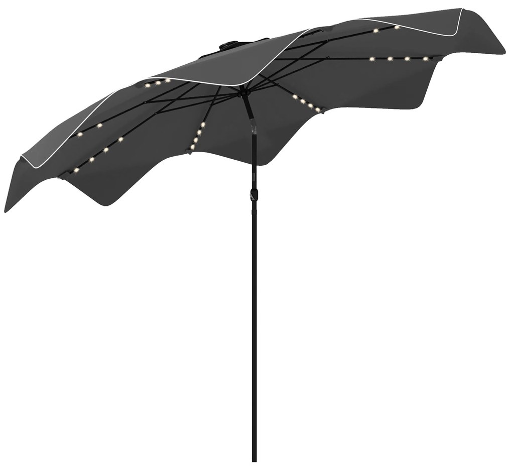 Outsunny Chapéu de Sol de Jardim Ø292x248 cm Chapéu de Sol com Manivela 32 Luzes LED Solares e 8 Hastes Cinza Escuro